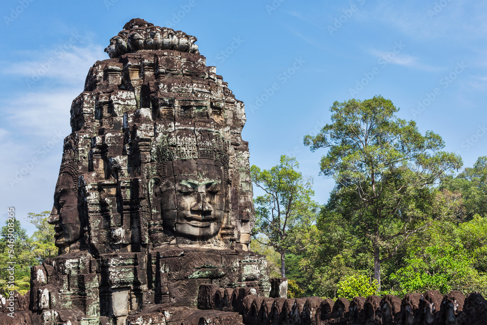 Fototapeta premium Ancient stone face of Bayon temple, Angkor, Cambodia