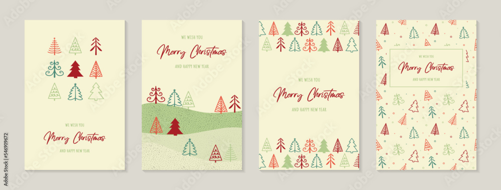 Colourful hand drawn trees. Christmas cards set. Vector illustration