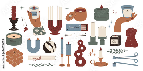 Cartoon candles. Wax soy candlelight elements, abstract decorative homemade candle jar snuffer candlestick. Vector set