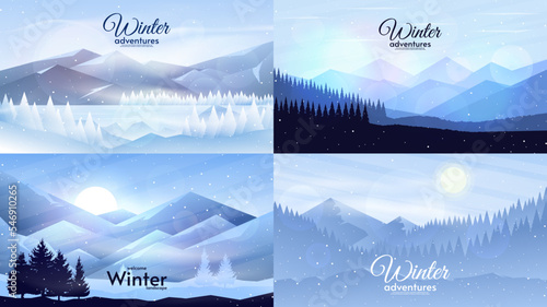 Set of winter season landscape. Flat style illustration. Mountains with forest. Snowfall. Vector illustration. Design for background, wallpaper, poster, postcard, greeting or touristic card.