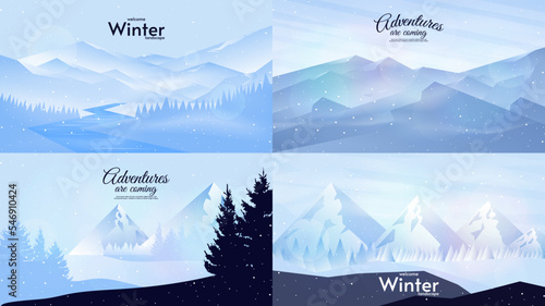 Set of winter illustrations. Alps mountains with hills and forest. Flat style 2D style. Vector illustration. Design for background, wallpaper, greeting or touristic card.