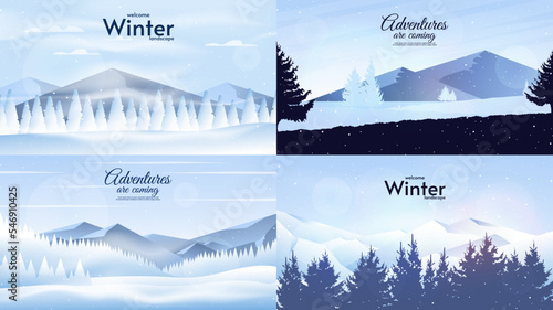 Set of winter season illustration. Mountains with forest on blue background. Design for background, wallpaper, banner, greeting, business or touristic card.