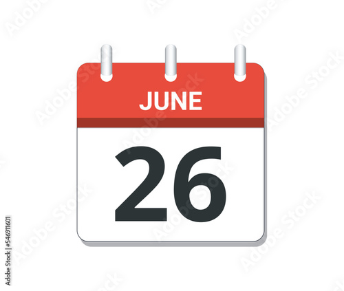 June 26th calendar icon vector.