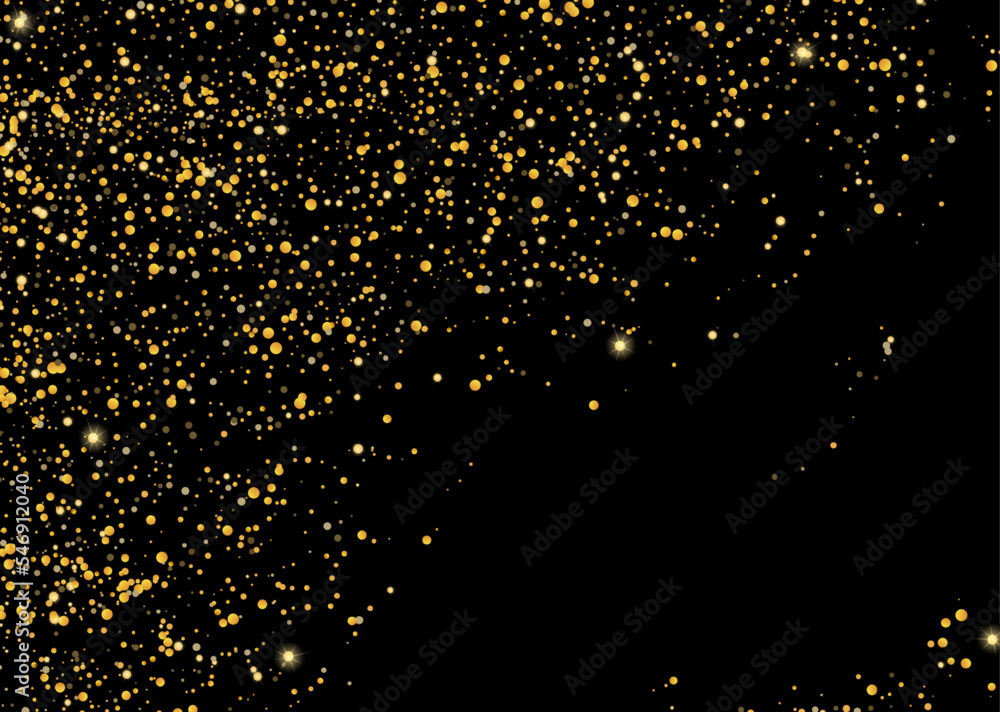 Gold glitter confetti on a black background. Shiny particles scattered, sand. Decorative element. Luxury background for your design, cards, invitations, vector