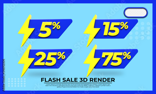 bundle of 3D render flash sale discount element transparent blue and yellow 5%, 15%, 25%, 75%