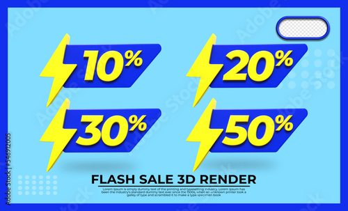 bundle of 3D render flash sale discount element transparent blue and yellow 10%, 20%, 30%, 50%