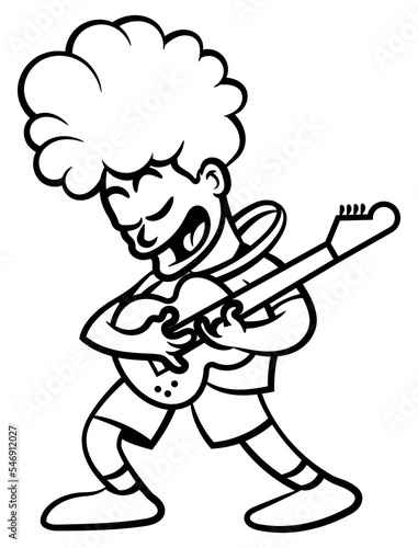 Cartoon illustration of Young man perform a rock music at street with electric guitar. Best for Outline, logo, and coloring book with musical themes