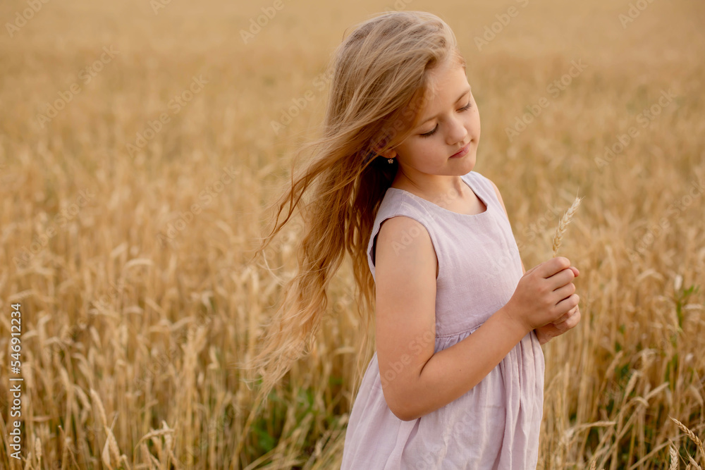 a beautiful blonde girl in a pink linen dress stands in a wheat field and touches her with her hands a beautiful blonde girl in a pink linen dress stands in a wheat field and touches her with her hands