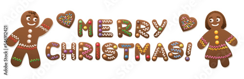 MERRY CHRISTMAS written with ginger bread letters - gingerbread love couple with hearts - cute and sweet christmas cookies.
