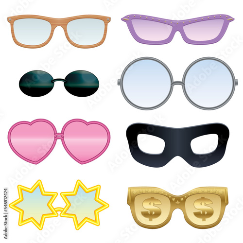 Eyeglasses set - wooden style, hearts, stars, dollar signs, black eye mask, pince-nez, rose-colored etc - funny and crazy, collection with transparent lenses - isolated vector on white background.

