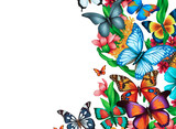 Elegant border with colorful fluttering abstract butterflies on a transparent background. Summer pattern for fabrics, dresses, bed linen, packaging, for poster, greeting cards, wedding invitation