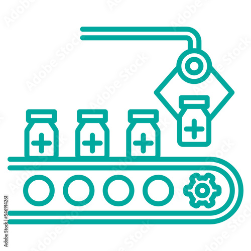 Simple minimal modern line icon of robotic equipment for drug manufacturing. Vector blue outline pictogram isolated on transparent background