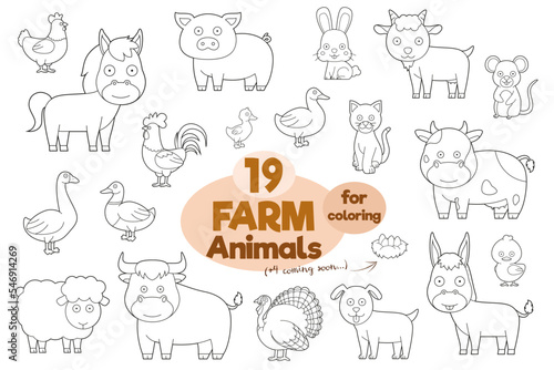 Set of 19 farm animals for coloring in cartoon style Vector Illustration