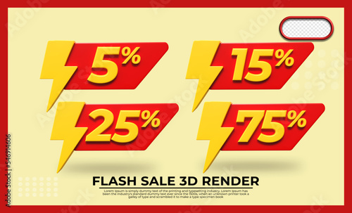 bundle 3Drender element of flash sale discount 5%, 25%,15%,75%, colors red and yellow