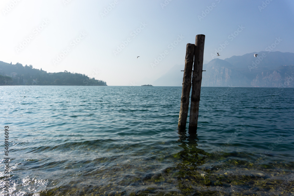 Lago di Garda, Malcesine, in lontananza l'Isola dell'Olivo, Veneto, Italia