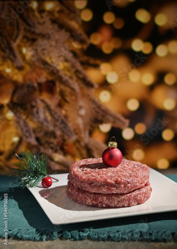 Beef Raw Minced Homemade Meat with Red Christmas Ball onTop