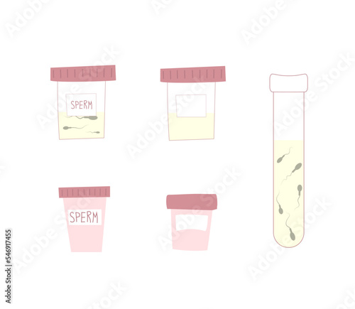 hand in laboratory sterile glove holding a jar with semen probe. Lab specialist demonstrating sperm sample.