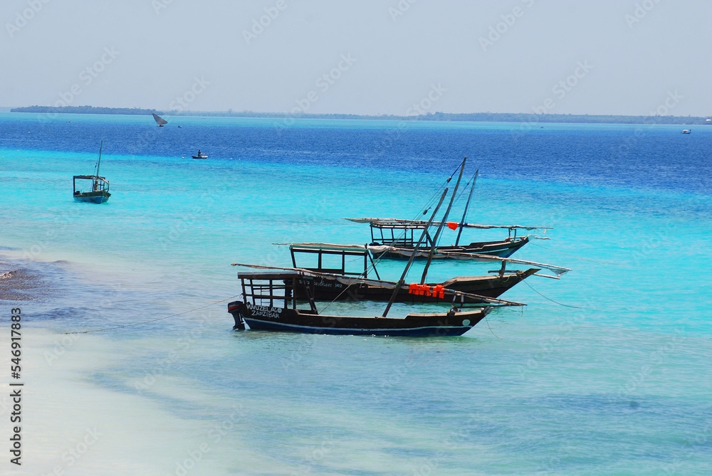 Fototapeta premium Fisherman Boat Nungwi Village. Zanzibar Island, Tanzania. Nungwi is traditionally the centre of Zanzibar's dhow-building industry