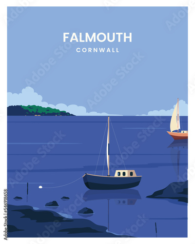 beautiful travel poster of a port of Falmouth under a blue cloudy sky in Cornwall, England. landscape vector illustration with flat style.