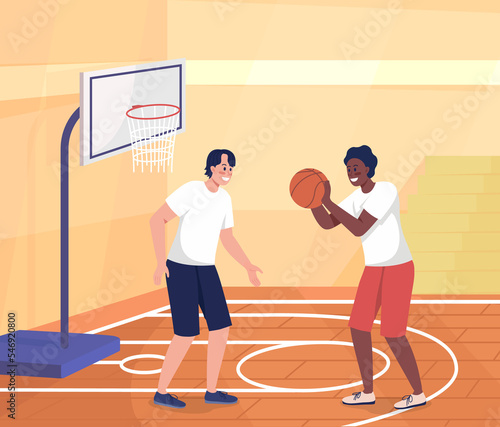 High school students playing basketball flat color raster illustration. Physical activity and competition at school. Sport game players 2D simple cartoon characters with gym on background