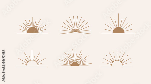 Hand drawn vector illustrartions set of boho sun symbols. One line minimalist logo design templates. Bohenmian elements for any design purposes