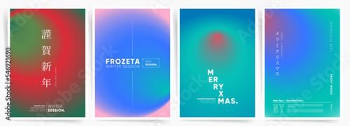 Japanese winter neon gradient cover template design vertical a4 set for poster, greeting card and vibes banner. Neo modern gradient bright brochure. Vector Christmas and New Year colors vivid set
