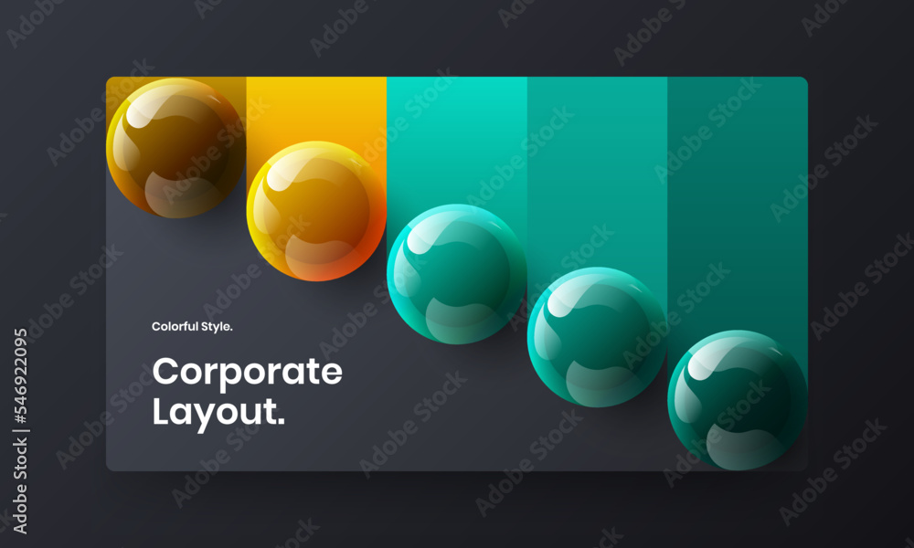 Modern journal cover vector design concept. Colorful 3D spheres front page template.