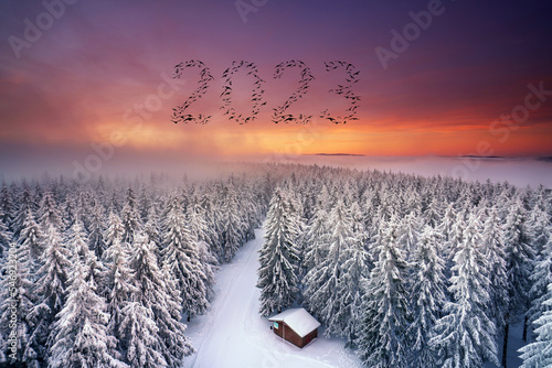 Leinwand Poster schneebedeckte Winterlandschaft im Wald