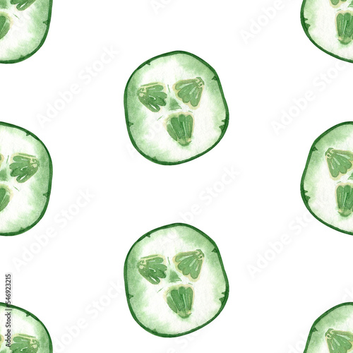 Seamless pattern on a white background. Cucumber slices hand-painted in watercolor on a white background. Suitable for printing on paper, fabric, kitchen design, scrapbooking and creativity.