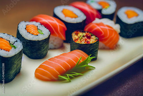 fresh sushi with salmon, Generative AI Illustration photo