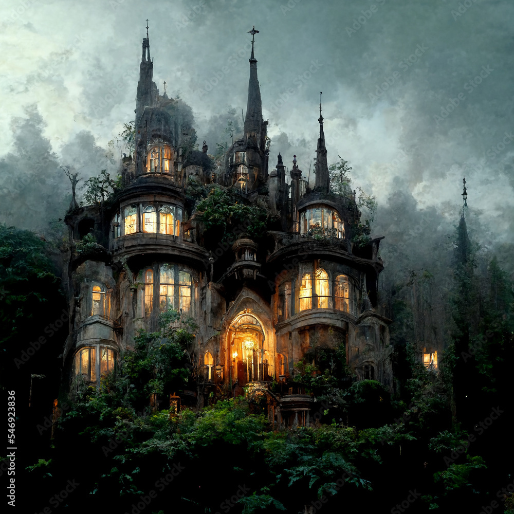 Digital art dark fantasy:palace in  gothic style illuminated in a stormy night made with generative AI