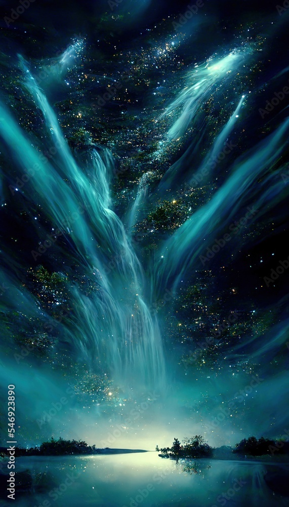 aurora borealis over the river, starry night sky