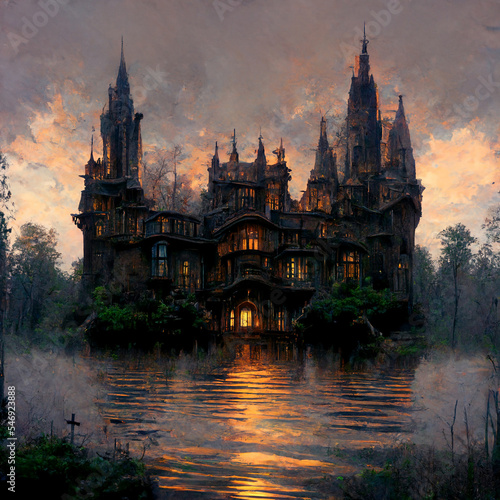 Digital art dark fantasy:gothic palace in decay, illuminated and flooded by the lake waters at sunset made with generative AI