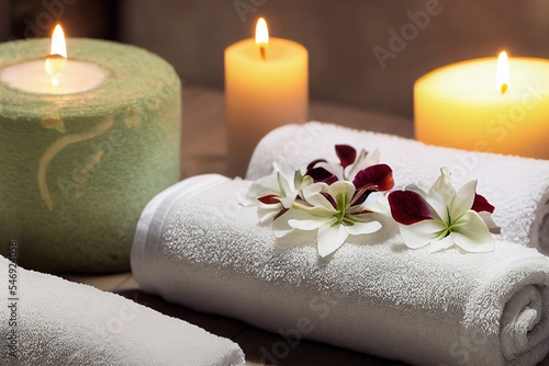 Spa still life with towels, candles and orchid 