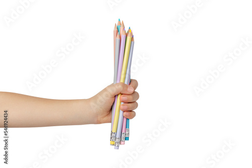 A set of pencils in hand. The hand is holding colored pencils.