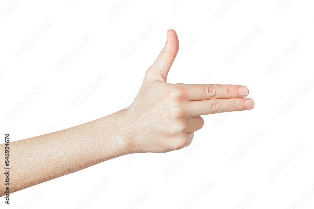 Figner gun isolated on white background. Imitation handgun. Hand gesture imitating a pistol. Figner gun isolated on white background. Imitation handgun. Hand gesture imitating a pistol.