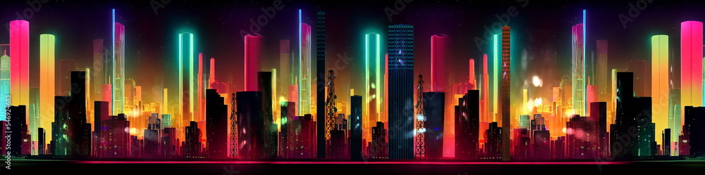 night city neon lght modern buildings panorama urban banner background template 