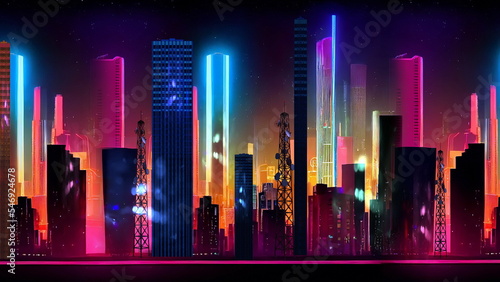 night city neon lght modern buildings panorama urban banner background template 