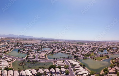 Aerial panoramic shot of the Avondale Lakes and surrounding buildings in Arizona photo