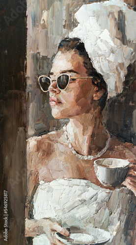 The girl is drinking coffee in a cafe. Woman with a cup in her hand. Oil painting on canvas.