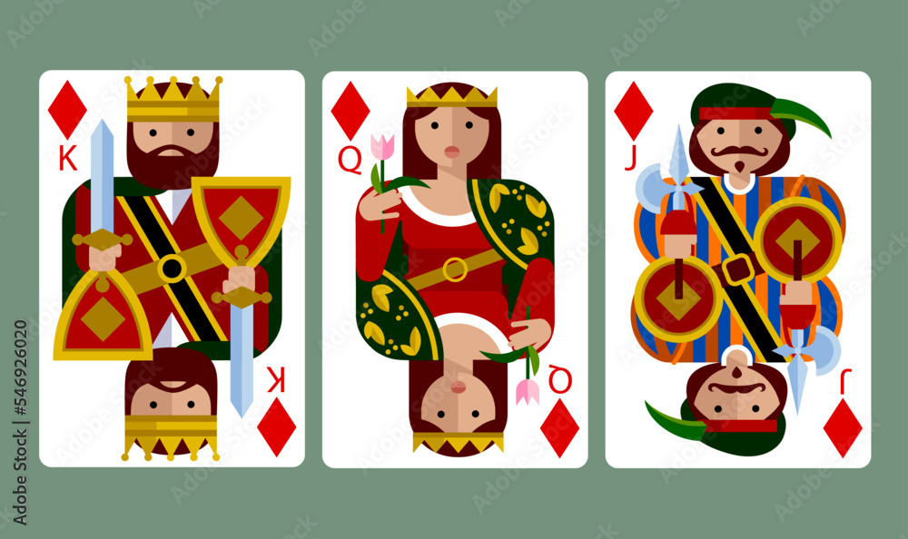 Diamond suit playing cards of King, Queen and Jack in funny modern flat  style Stock Vector, king queen and jack 