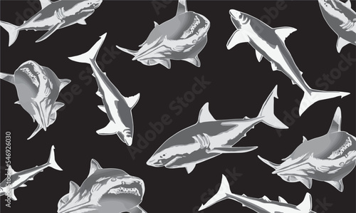 Graphical  pattern with sharks on black background, stylish cover for fabric, postcards, wallpapers,graphical vector illustration. Sea and ocean habitant background design