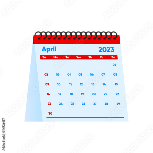 April Calendar 2023 year, simple minimal design. Desktop calendar 2023 year. Advertisement, printing, stationery, holidays. Vector illustration.