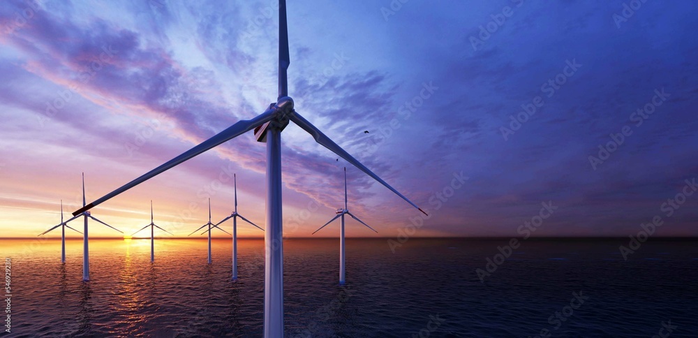 Offshore Wind Turbines Farm at sunset. 3d rendering. Stock Illustration ...