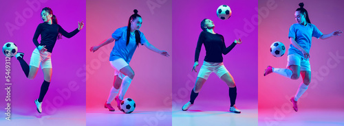 In action. Young female professional soccer players in motion with ball over pink-purple background in neon light. Women sports, championship, energy