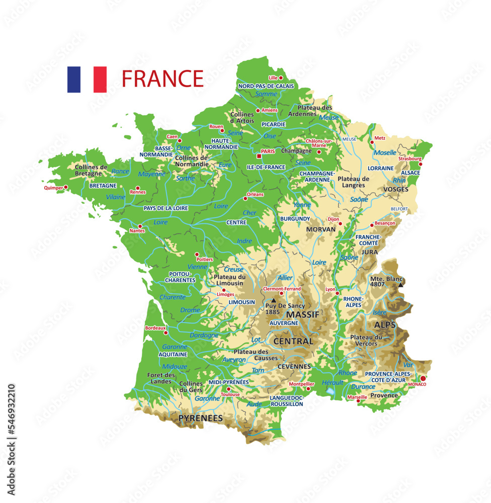 Fototapeta Vector geographic map of France. High detailed atlas of