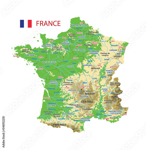 Vector geographic map of France. High detailed atlas of France with mountains, mountain ranges and plateaus, plains, lakes and rivers. Thorough France physical map with main cities and provinces, and 