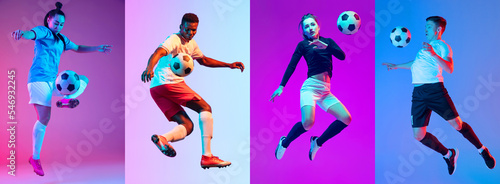 Collage with dynamic portraits of male and female professional soccer players in motion over colorful background in neon light. Sport, championship,