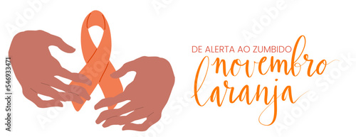 Novembro Laranja translation from portuguese November Orange, Brazil campaign for tinnitus awareness. Human hands holding awareness ribbon vector