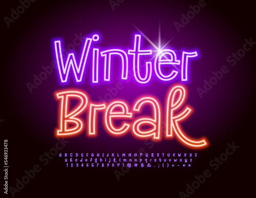 Vector glowing banner Winter Break. Creative Neon Font. Bright Illuminated Alphabet Letters and Numbers set
